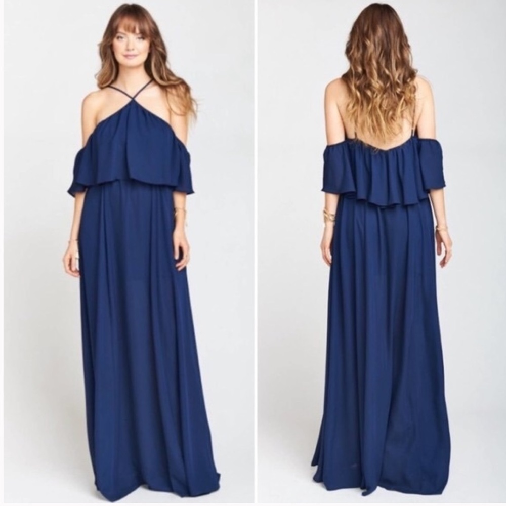 Show Me Your MuMu Dress Rebecca Ruffle Maxi Dress Size XS Rich Navy Chiffon